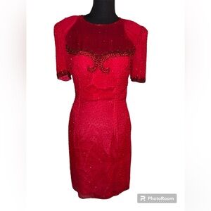 VTG Beaded Red Silk Sean 1980s Dress Cocktail SZ MED